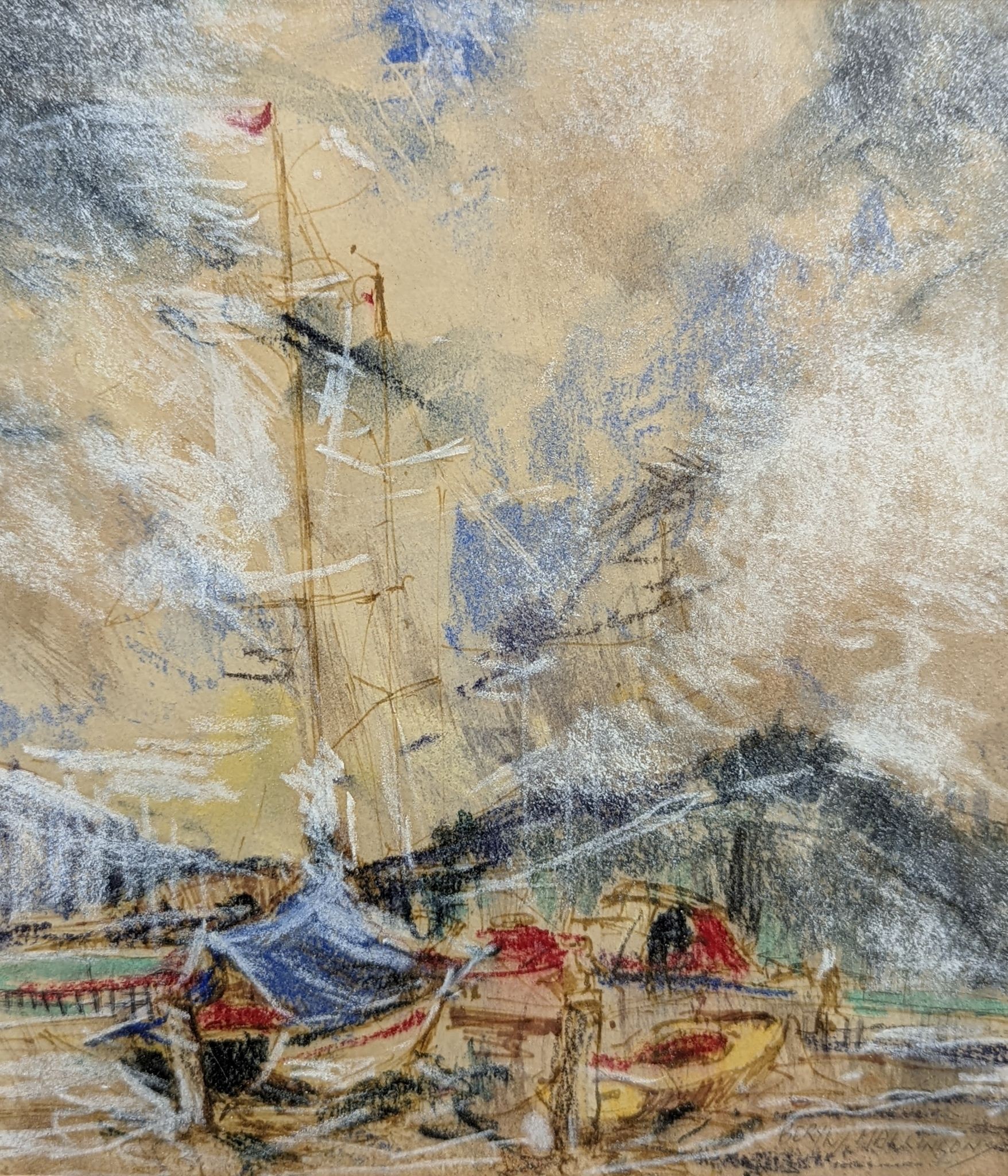 Beryl Mallinson (1916-1991), pen and pastel, Boats at Newport, signed, 25 x 22cm